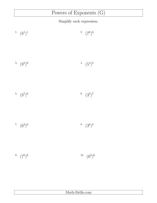 The Powers of Exponents (All Positive) (G) Math Worksheet