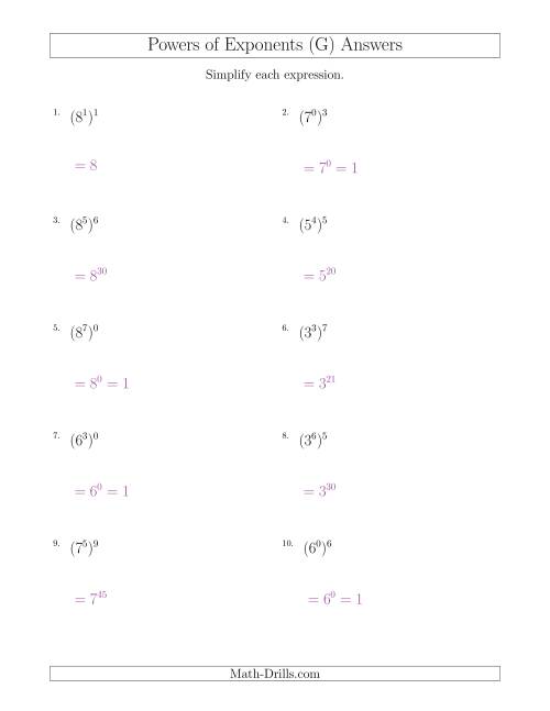 The Powers of Exponents (All Positive) (G) Math Worksheet Page 2