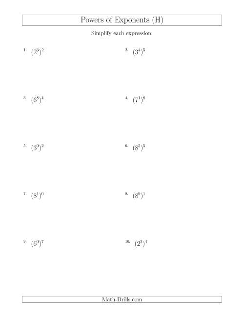 The Powers of Exponents (All Positive) (H) Math Worksheet