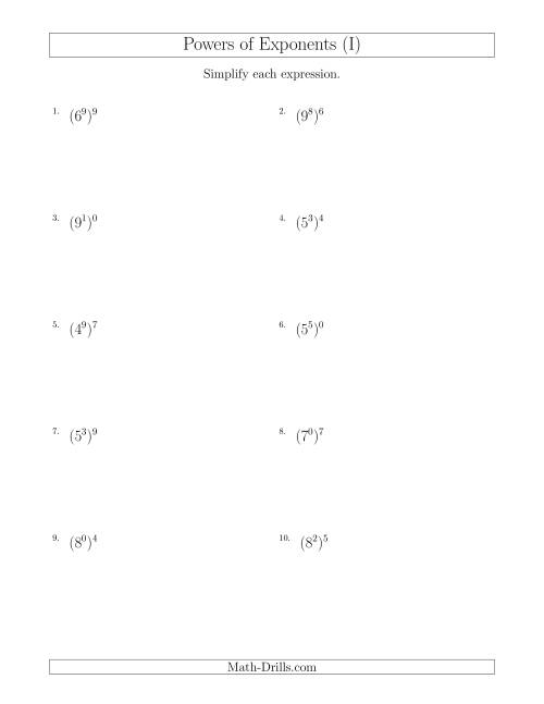 The Powers of Exponents (All Positive) (I) Math Worksheet