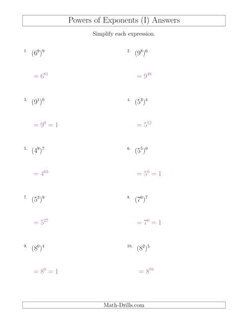 The Powers of Exponents (All Positive) (I) Math Worksheet Page 2