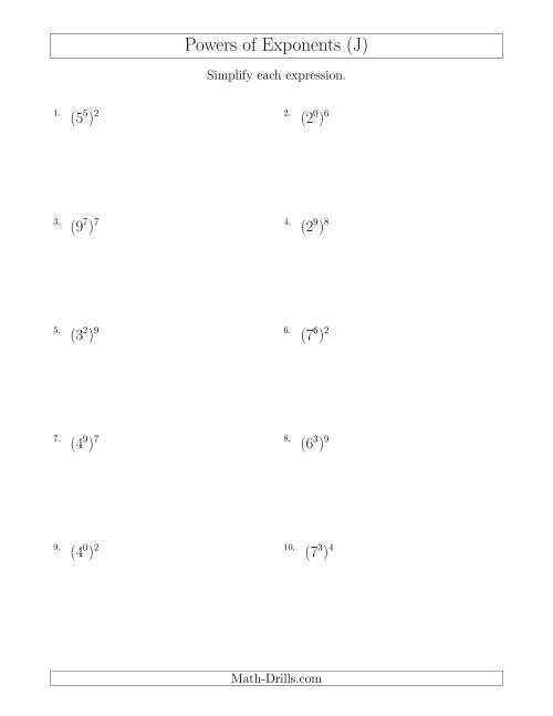 The Powers of Exponents (All Positive) (J) Math Worksheet