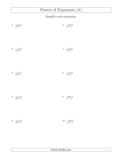 The Powers of Exponents (All Positive) (All) Math Worksheet