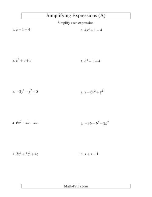 The Simplifying Algebraic Expressions with One Variable and Three Terms (Addition and Subtraction) (A) Math Worksheet