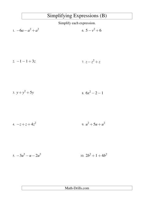 The Simplifying Algebraic Expressions with One Variable and Three Terms (Addition and Subtraction) (B) Math Worksheet
