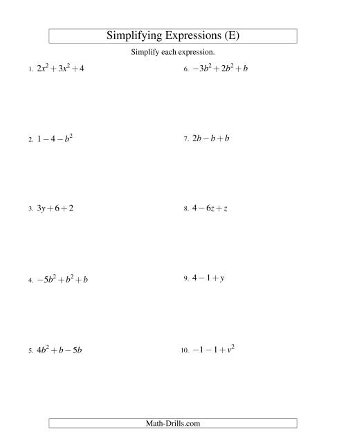The Simplifying Algebraic Expressions with One Variable and Three Terms (Addition and Subtraction) (E) Math Worksheet