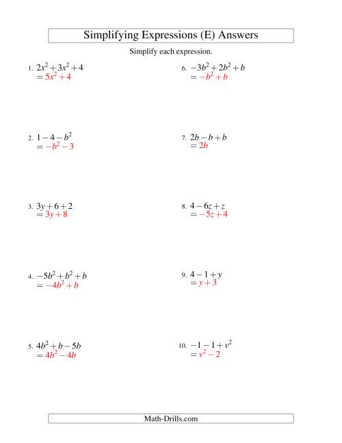 The Simplifying Algebraic Expressions with One Variable and Three Terms (Addition and Subtraction) (E) Math Worksheet Page 2