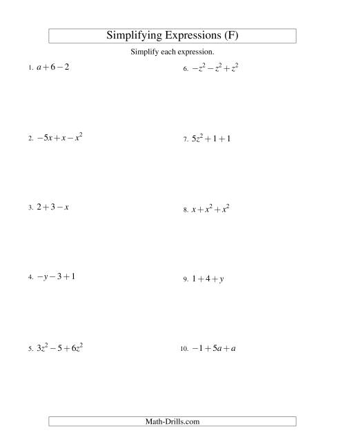 The Simplifying Algebraic Expressions with One Variable and Three Terms (Addition and Subtraction) (F) Math Worksheet