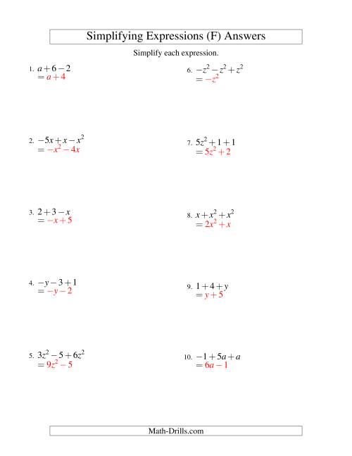 The Simplifying Algebraic Expressions with One Variable and Three Terms (Addition and Subtraction) (F) Math Worksheet Page 2