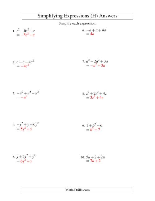 The Simplifying Algebraic Expressions with One Variable and Three Terms (Addition and Subtraction) (H) Math Worksheet Page 2