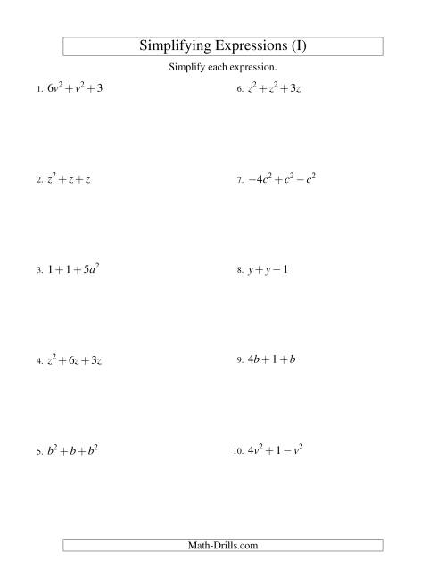 The Simplifying Algebraic Expressions with One Variable and Three Terms (Addition and Subtraction) (I) Math Worksheet