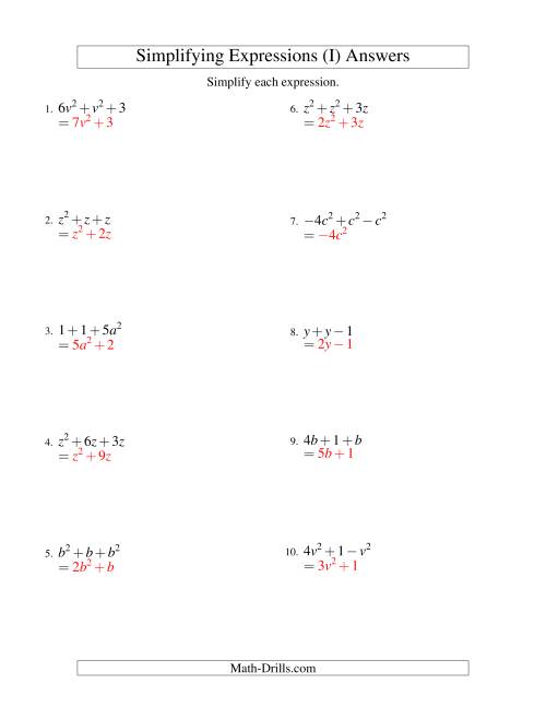 The Simplifying Algebraic Expressions with One Variable and Three Terms (Addition and Subtraction) (I) Math Worksheet Page 2