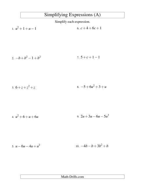 The Simplifying Algebraic Expressions with One Variable and Four Terms (Addition and Subtraction) (A) Math Worksheet