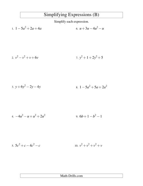 The Simplifying Algebraic Expressions with One Variable and Four Terms (Addition and Subtraction) (B) Math Worksheet