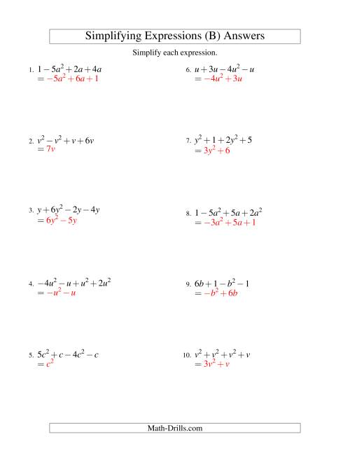 The Simplifying Algebraic Expressions with One Variable and Four Terms (Addition and Subtraction) (B) Math Worksheet Page 2