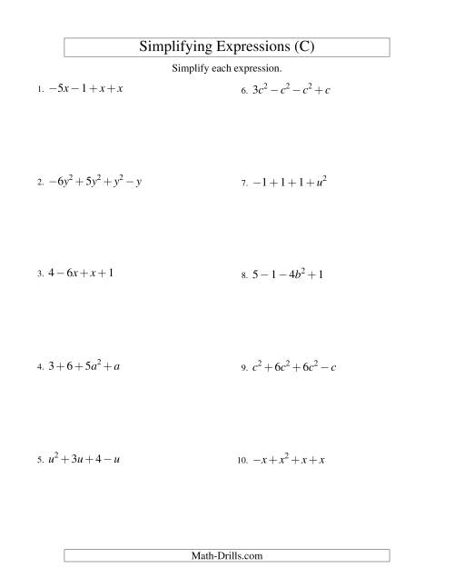 The Simplifying Algebraic Expressions with One Variable and Four Terms (Addition and Subtraction) (C) Math Worksheet