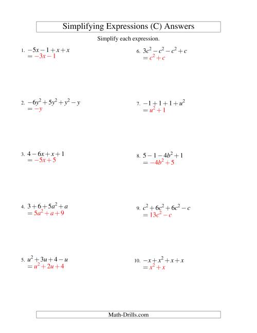 The Simplifying Algebraic Expressions with One Variable and Four Terms (Addition and Subtraction) (C) Math Worksheet Page 2