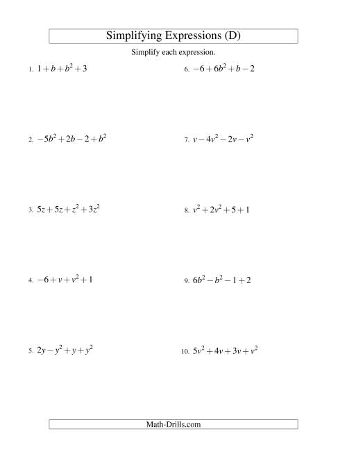 The Simplifying Algebraic Expressions with One Variable and Four Terms (Addition and Subtraction) (D) Math Worksheet