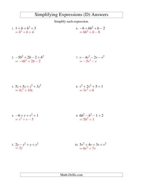 The Simplifying Algebraic Expressions with One Variable and Four Terms (Addition and Subtraction) (D) Math Worksheet Page 2