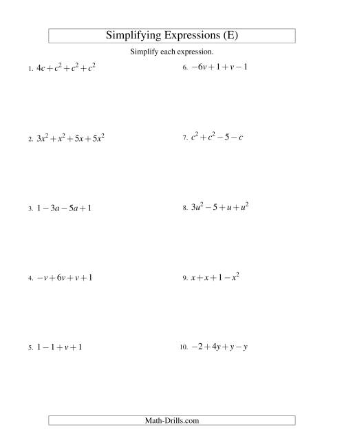 The Simplifying Algebraic Expressions with One Variable and Four Terms (Addition and Subtraction) (E) Math Worksheet