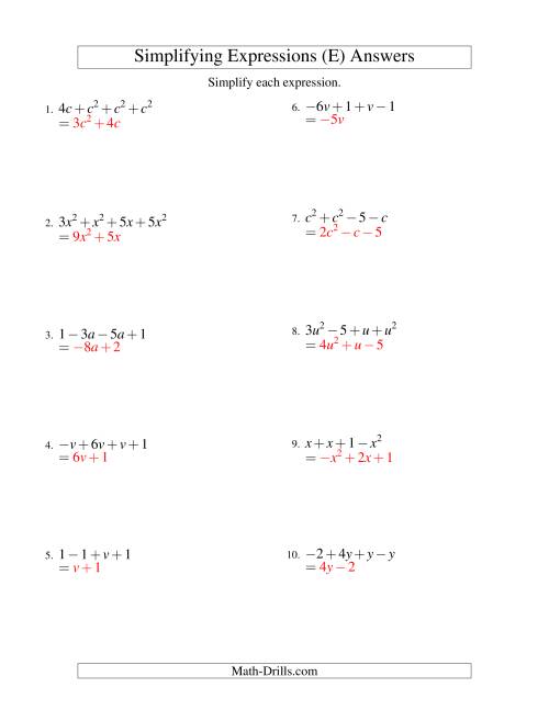 The Simplifying Algebraic Expressions with One Variable and Four Terms (Addition and Subtraction) (E) Math Worksheet Page 2