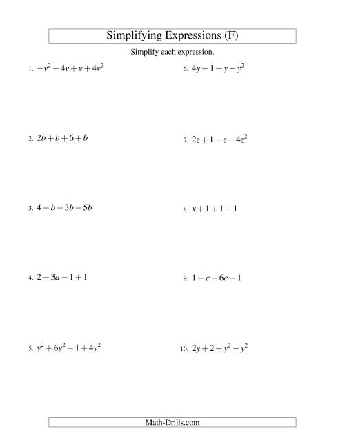 The Simplifying Algebraic Expressions with One Variable and Four Terms (Addition and Subtraction) (F) Math Worksheet