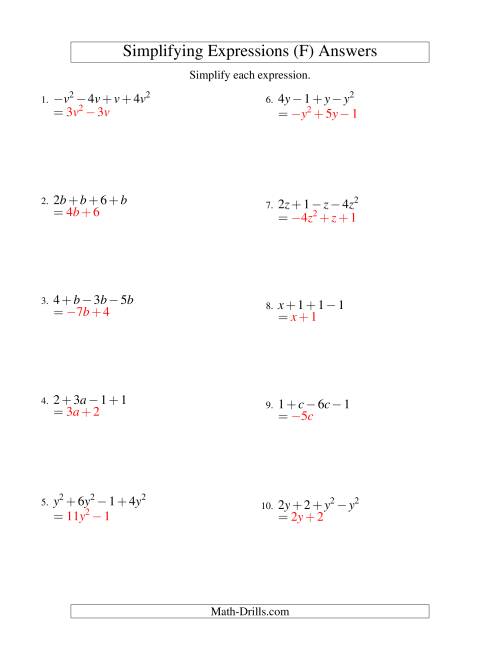 The Simplifying Algebraic Expressions with One Variable and Four Terms (Addition and Subtraction) (F) Math Worksheet Page 2