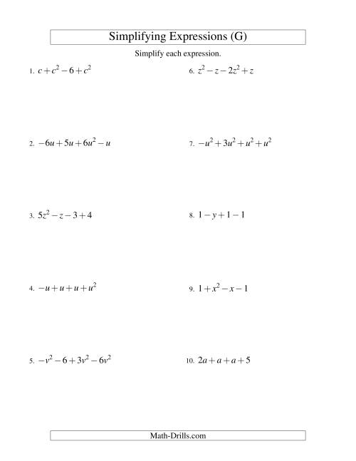The Simplifying Algebraic Expressions with One Variable and Four Terms (Addition and Subtraction) (G) Math Worksheet