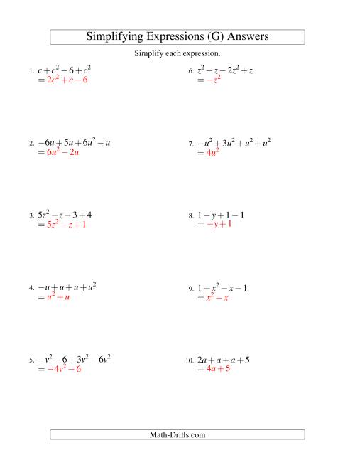 The Simplifying Algebraic Expressions with One Variable and Four Terms (Addition and Subtraction) (G) Math Worksheet Page 2