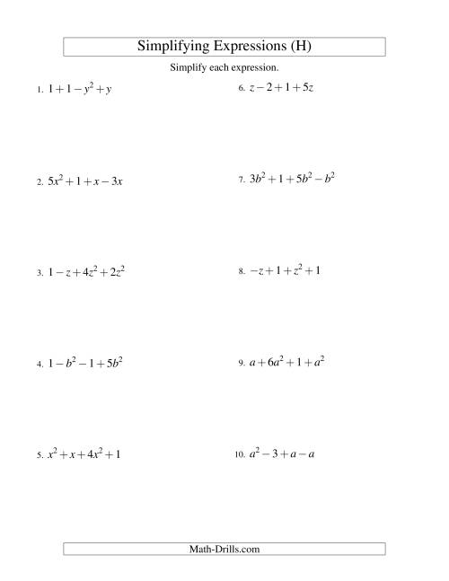The Simplifying Algebraic Expressions with One Variable and Four Terms (Addition and Subtraction) (H) Math Worksheet