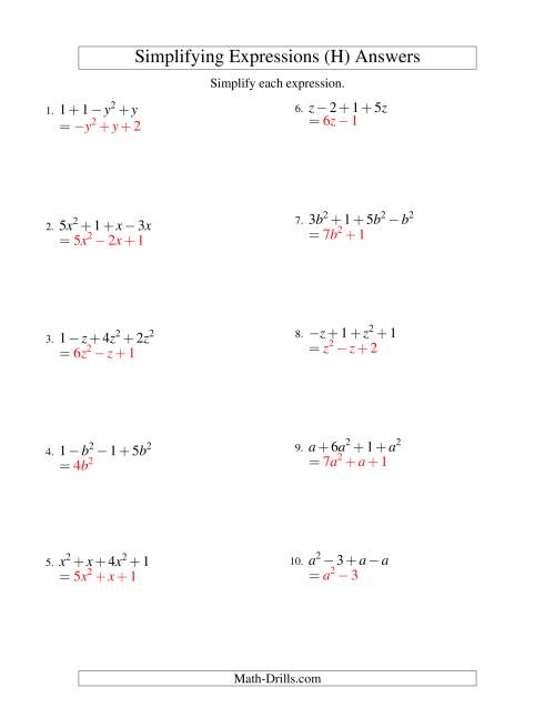 The Simplifying Algebraic Expressions with One Variable and Four Terms (Addition and Subtraction) (H) Math Worksheet Page 2