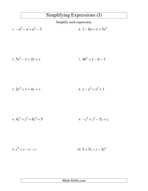 The Simplifying Algebraic Expressions with One Variable and Four Terms (Addition and Subtraction) (J) Math Worksheet