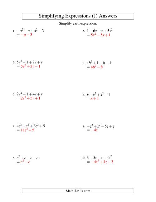 The Simplifying Algebraic Expressions with One Variable and Four Terms (Addition and Subtraction) (J) Math Worksheet Page 2