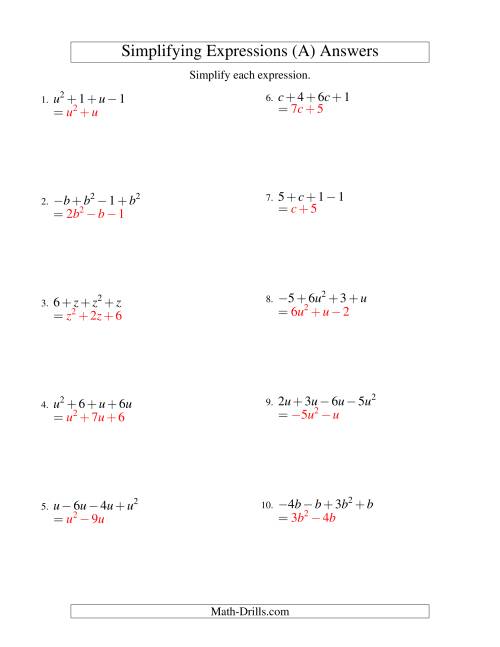 Simplifying Algebraic Expressions Worksheet