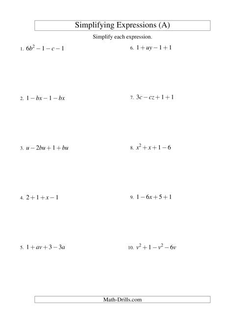 The Simplifying Algebraic Expressions with Two Variables and Four Terms (Addition and Subtraction) (A) Math Worksheet