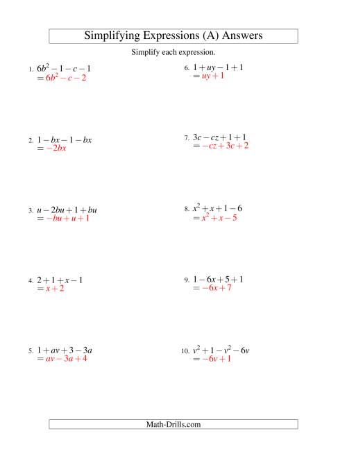 The Simplifying Algebraic Expressions with Two Variables and Four Terms (Addition and Subtraction) (A) Math Worksheet Page 2