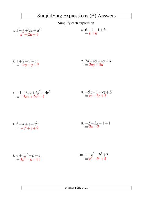 The Simplifying Algebraic Expressions with Two Variables and Four Terms (Addition and Subtraction) (B) Math Worksheet Page 2