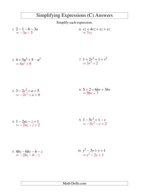 The Simplifying Algebraic Expressions with Two Variables and Four Terms (Addition and Subtraction) (C) Math Worksheet Page 2