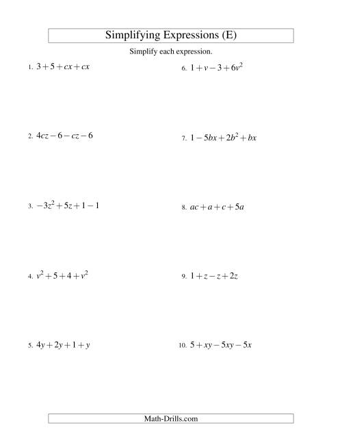 The Simplifying Algebraic Expressions with Two Variables and Four Terms (Addition and Subtraction) (E) Math Worksheet