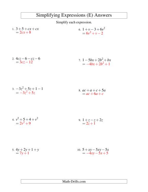 The Simplifying Algebraic Expressions with Two Variables and Four Terms (Addition and Subtraction) (E) Math Worksheet Page 2