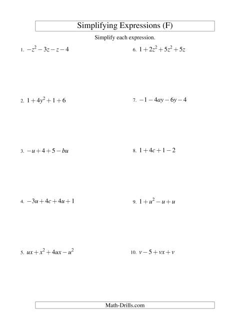 The Simplifying Algebraic Expressions with Two Variables and Four Terms (Addition and Subtraction) (F) Math Worksheet