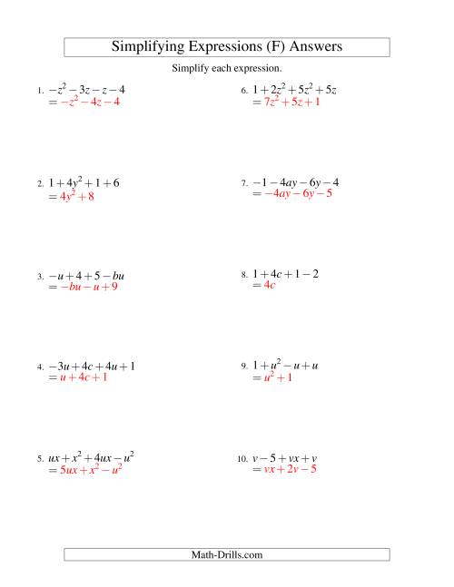 The Simplifying Algebraic Expressions with Two Variables and Four Terms (Addition and Subtraction) (F) Math Worksheet Page 2