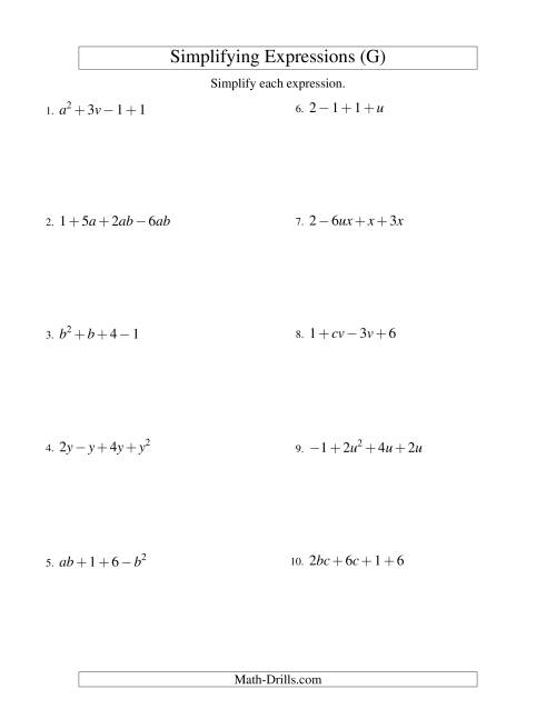 The Simplifying Algebraic Expressions with Two Variables and Four Terms (Addition and Subtraction) (G) Math Worksheet