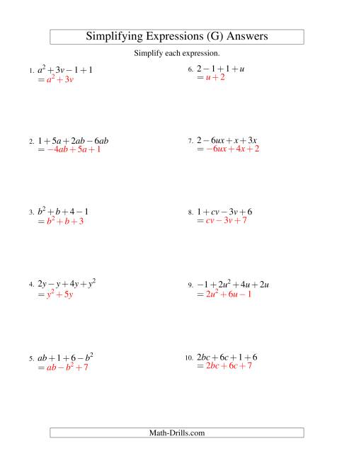 The Simplifying Algebraic Expressions with Two Variables and Four Terms (Addition and Subtraction) (G) Math Worksheet Page 2