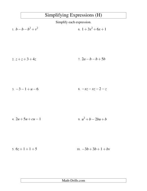 The Simplifying Algebraic Expressions with Two Variables and Four Terms (Addition and Subtraction) (H) Math Worksheet