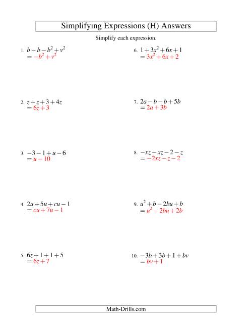 The Simplifying Algebraic Expressions with Two Variables and Four Terms (Addition and Subtraction) (H) Math Worksheet Page 2