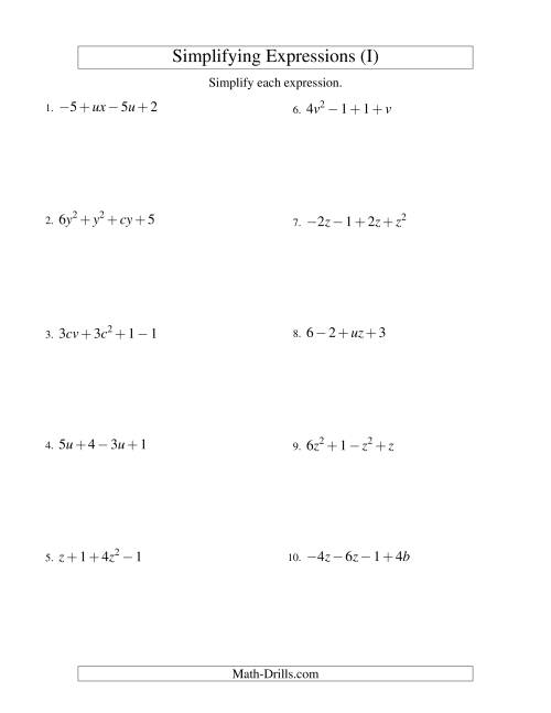 The Simplifying Algebraic Expressions with Two Variables and Four Terms (Addition and Subtraction) (I) Math Worksheet