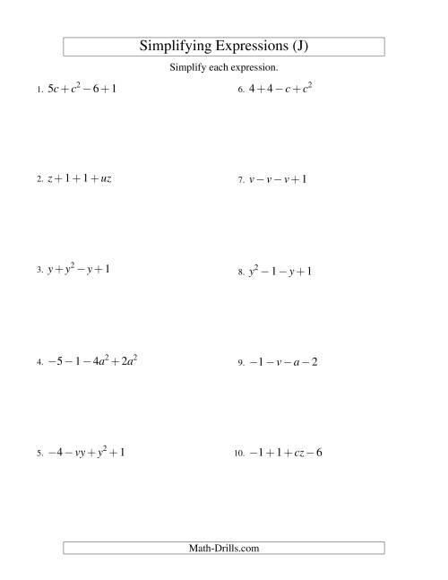 The Simplifying Algebraic Expressions with Two Variables and Four Terms (Addition and Subtraction) (J) Math Worksheet