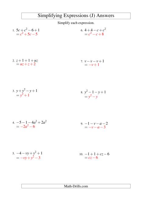 The Simplifying Algebraic Expressions with Two Variables and Four Terms (Addition and Subtraction) (J) Math Worksheet Page 2
