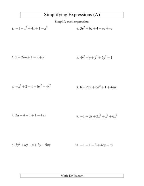 The Simplifying Algebraic Expressions with Two Variables and Five Terms (Addition and Subtraction) (A) Math Worksheet